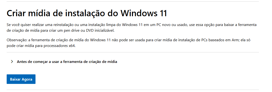 Página de download da ferramenta de criação de mídia