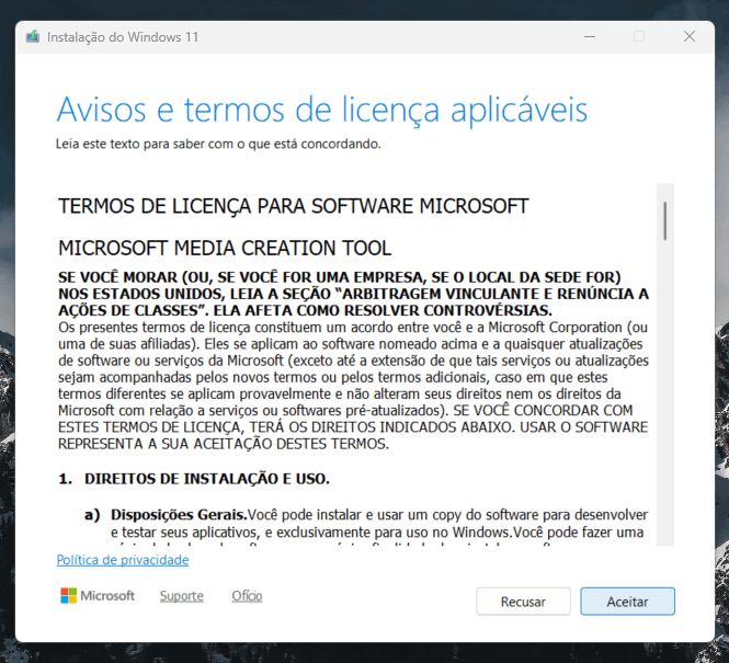 Tela de termos de licença da ferramenta