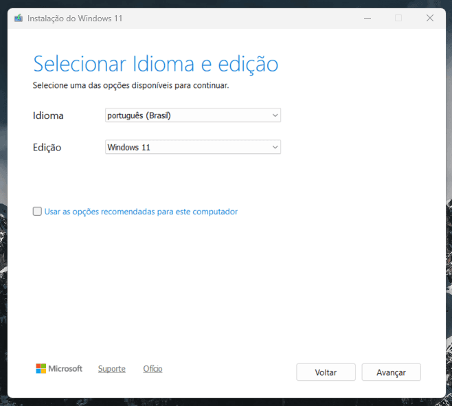Seleção de idioma e edição do Windows