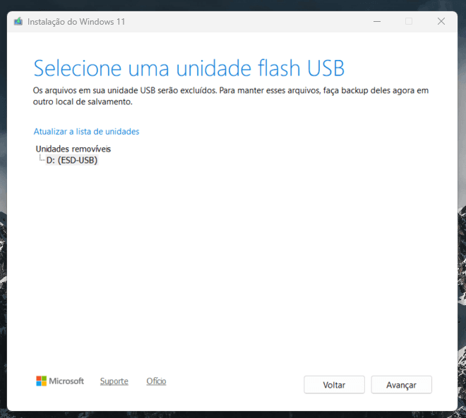 Seleção da unidade flash USB
