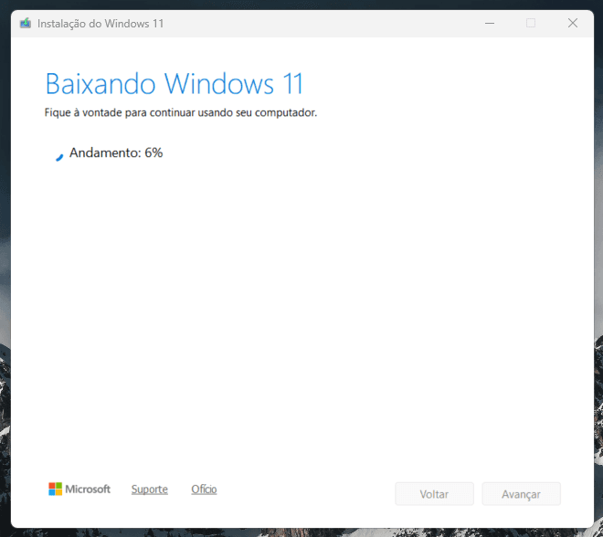 Download do Windows 11 em andamento