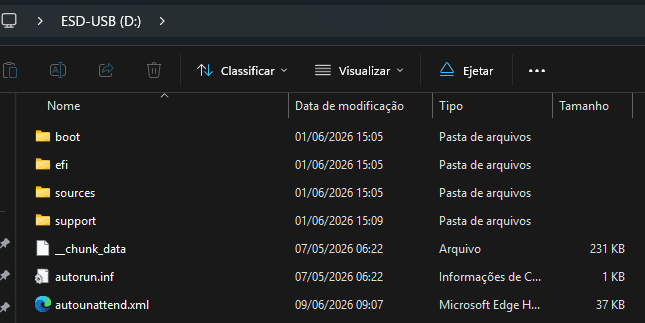 Arquivo autounattend.xml copiado para a raiz do PenDrive