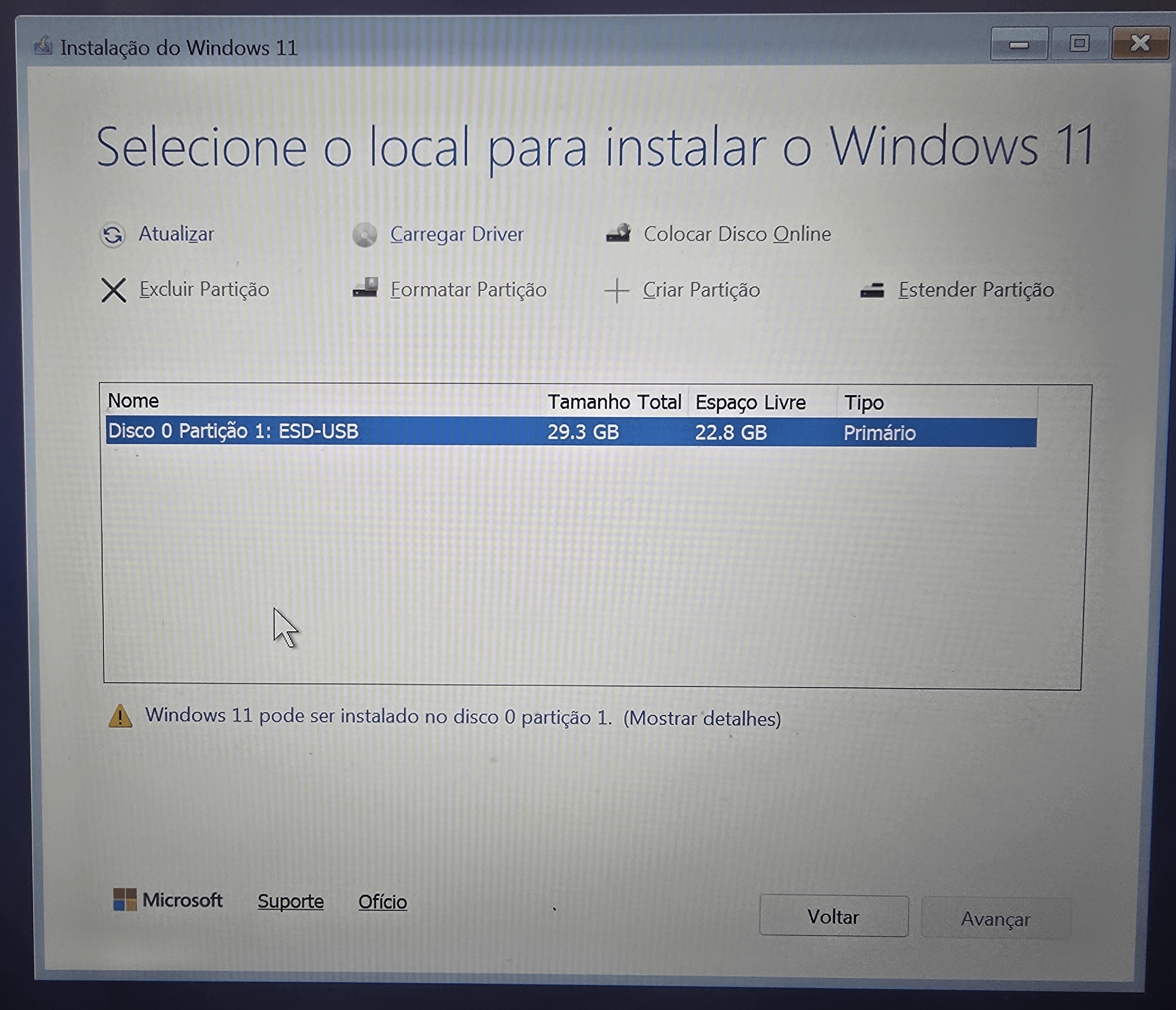 Tela de instalação do Windows sem o SSD