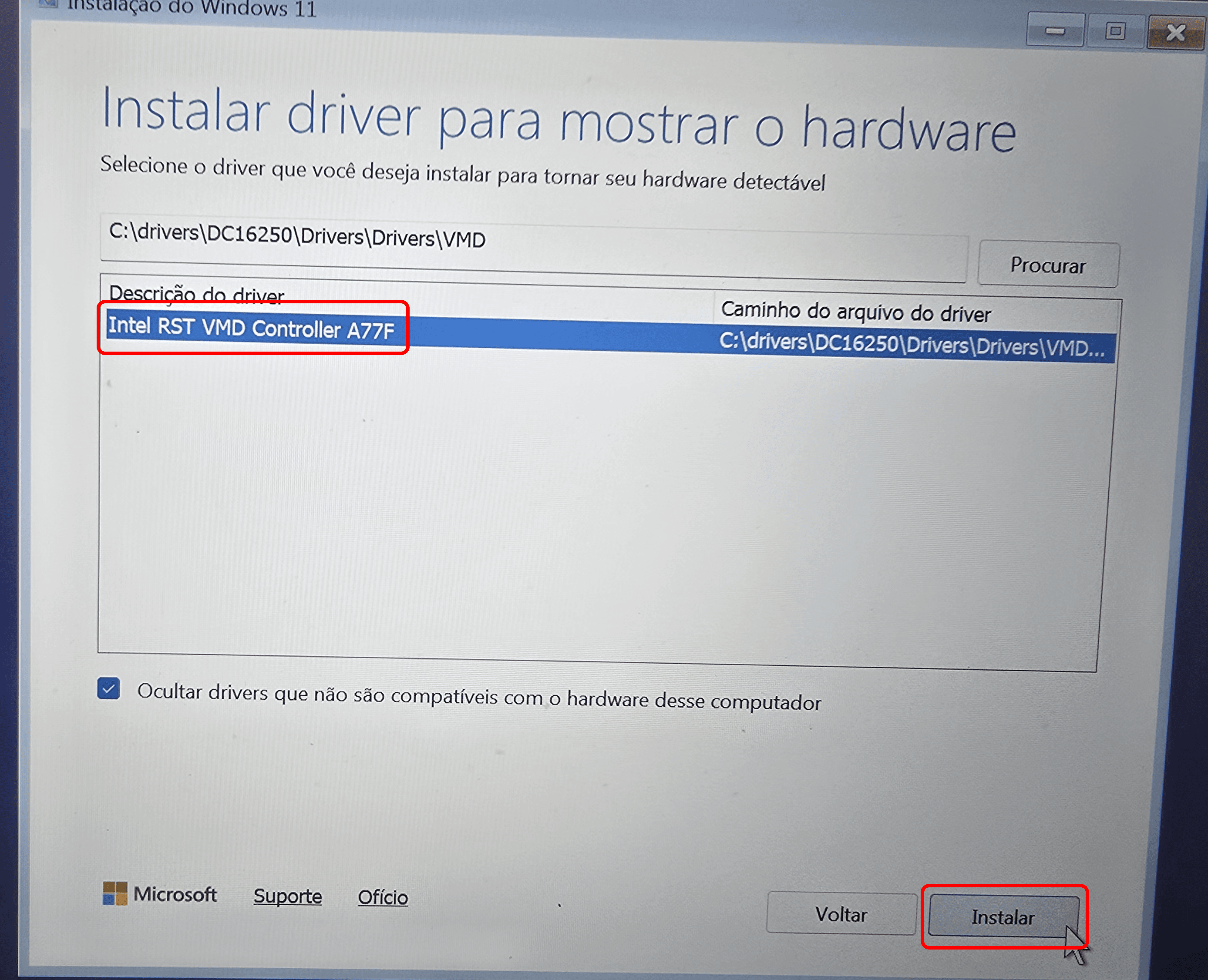 Intel RST VMD Controller selecionado na lista de drivers