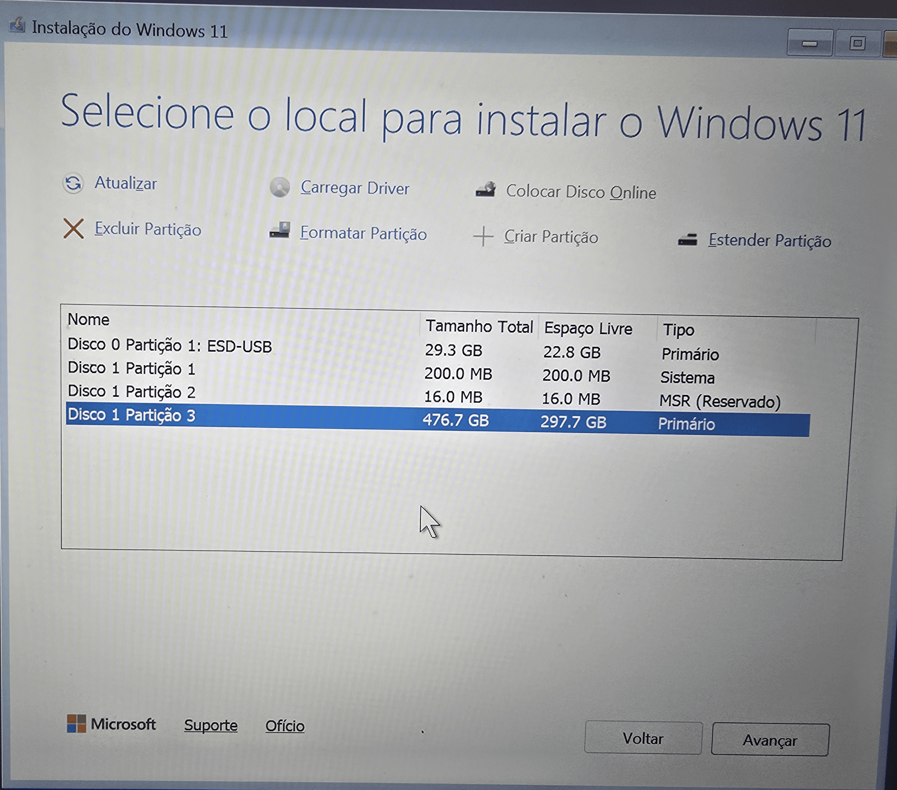 SSD listado no instalador do Windows