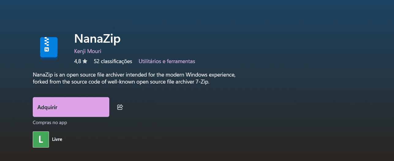 Aplicativo NanoZip na Microsoft Store