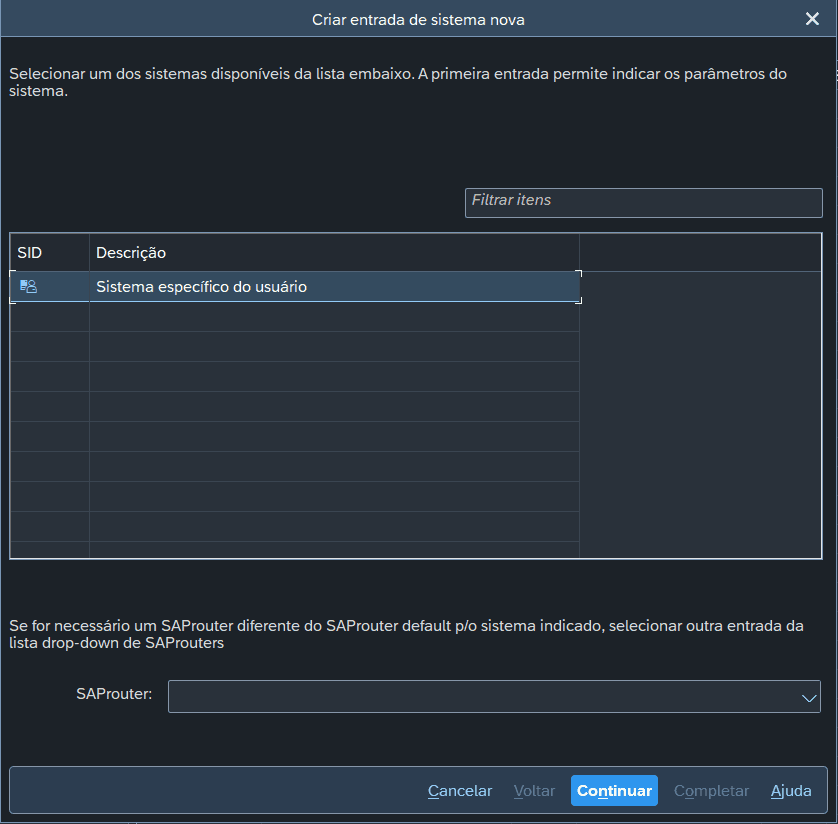 Janela de criação de nova entrada de sistema