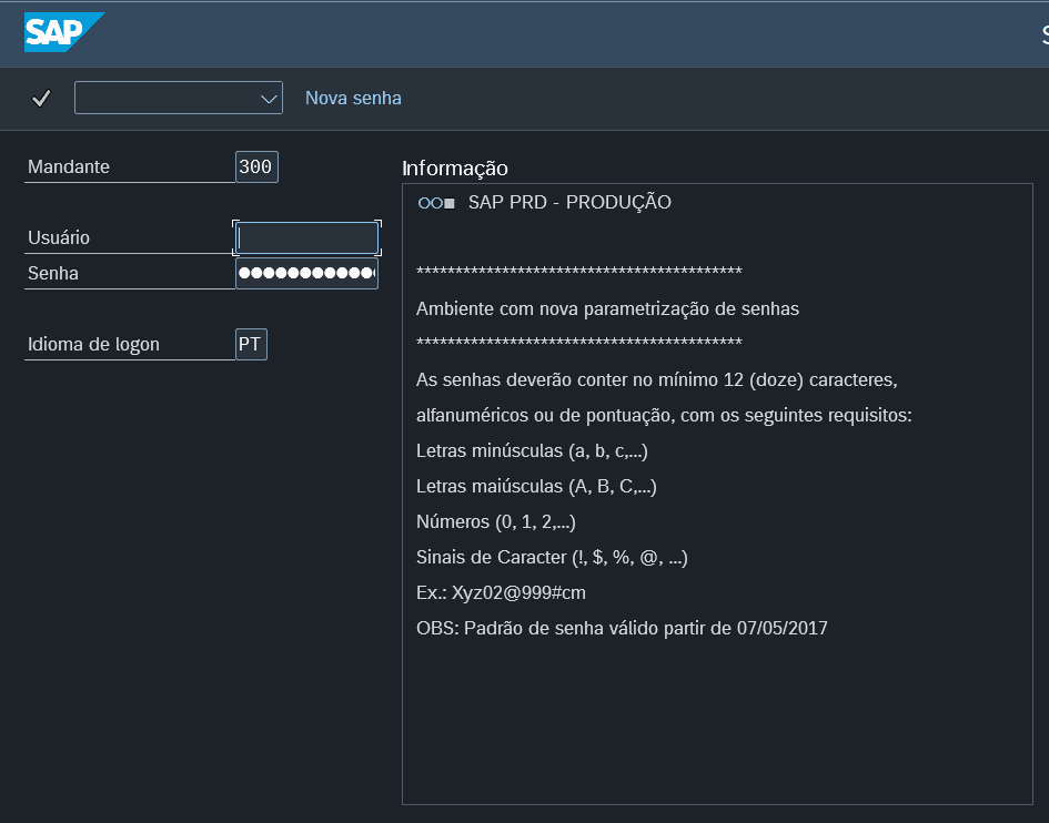 Tela de Login do SAP